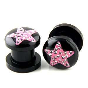  0g (50mm) Acrylic Ear Plugs   Black with Pink Star Design 
