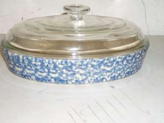 Henn Pottery BLUE Spongeware 12 Oval BAKER w/Lid  
