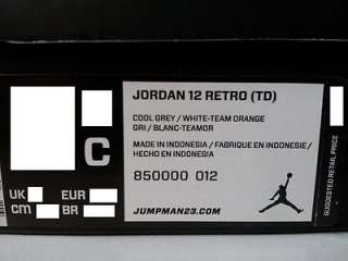  Infant Air Jordan 12 Retro Cool Grey Orange 2012 Sneakers Shoe  