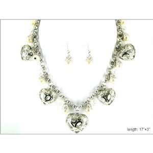 : Silver Tone Necklace with Heart Charms and Matching Earrings: True 