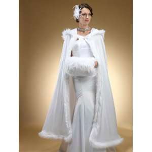  Full Length Hooded Satin Bridal Cloak with Faux Angora 