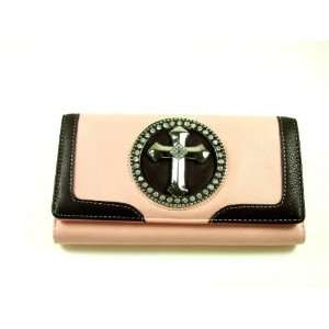  Ladies Trifold Faux Pink Leather Wallet with Black Trim 