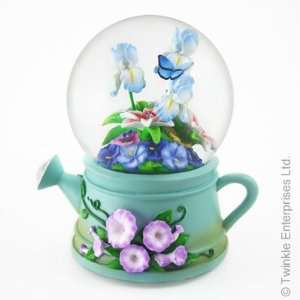 : Sculptured Musical Water Can & Flowers Snow Globe   Rotating Water 