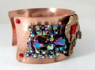   Cuff Bracelet OOAK Ruby Red Aurora Boralis Assemblage Artisan  