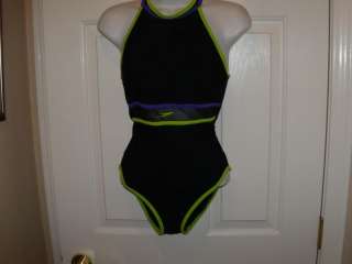 Speedo Mesh Swimsuit Bathing Black Blue Grn Suit Sz 8  