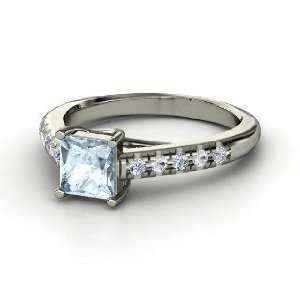  Avenue Ring, Princess Aquamarine 18K White Gold Ring with 