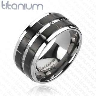 Mens solid titanium ring Double Grooved Black IP Stripes Multi CZ 