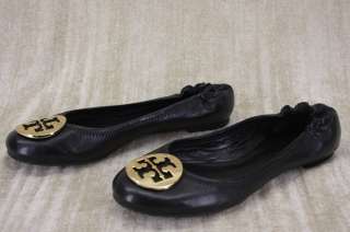 Tory Burch Reva Ballet flats Black Leather Gold metal logo shoes 8 