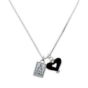  Silver Eye Chart and Black Heart Charm Necklace Jewelry