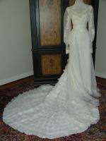   Ann Chiffon Crystal Pleated Train Basque Waist Wedding Dress M  