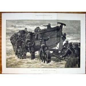  Launching Life Boat Launch Sea Fine Art 1872 Antique: Home 