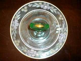 Vintage GREEN GLASS TIDBIT Handled Floral SNACK TRAY  