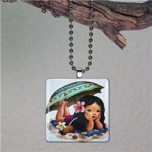 Hawaiian BEACH GIRL~ Large Glass Tile Pendant Necklace  
