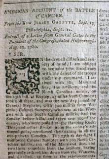 BEST 1780 newspaper BATTLE of CAMDEN South Carolina REVOLUTIONARY WAR 