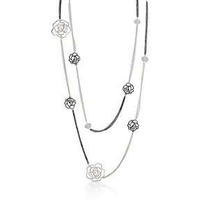 White Gold and Black Rhodium Bonded Chain Necklace with Roses and 