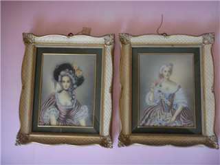 Antique Pair of French Maiden Prints in 18th Century Fashion Gilded 