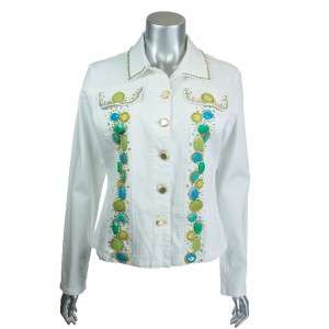 Berek Womens White Sequin Stone Embellished Jean Jacket  
