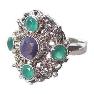    Silver Sapphire & Emerald Green Onyx Ring   7.0 CaratGems Jewelry