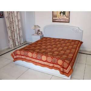   Block Print Cotton Full Size Bedspread with Golden Work Home