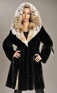 Hooded black original BLACKGLAMA Mink fur coat parka   Lynx hood 