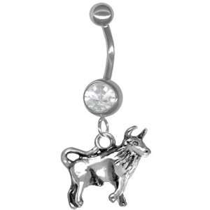 Sterling Silver Taurus Bull Horoscope Belly Ring with Clear Jeweled 