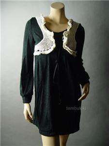 IVORY Crochet Faux Vest Empire Waist Women Black Sweater Babydoll Mini 