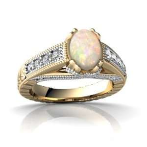   14K Yellow Gold Oval Genuine Opal Antique Style Ring Size 7.5: Jewelry