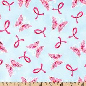  45 Wide Pink Ribbons of Hope Butterfly Aqua Fabric By 
