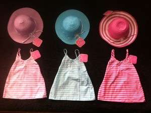   BABY GIRL SUN DRESS PINK PURPLE BLUE MATCHING STRAW HATS 18 24 months
