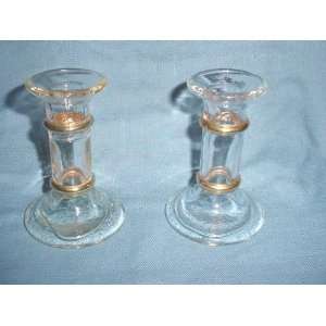  Pair Glass with Gold Trim Candleholders 