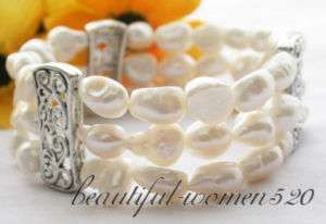 3row 11mm white baroque pearl elasticity bracelet  