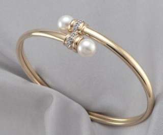   Yellow GOLD 7mm Cultured PEARL & DIAMOND Bypass BANGLE BRACELET  