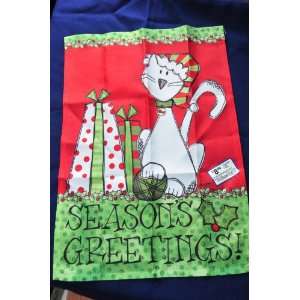 : Cat with stocking hat SEASONS GREETINGS 12.5 x 18 Outdoor Nylon 