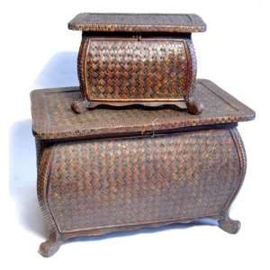  Set of 2, Wood Rattan Rectangular Chest Trunk Table