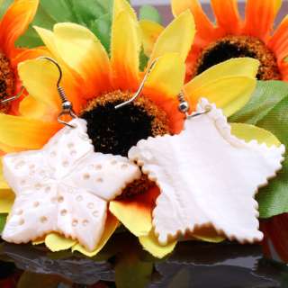 White Shell Carved Cute Sea Star Bead Dangle Earrings  