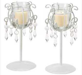 Shabby Cottage Chic 2 Crystal Teardrop Candle Holders  