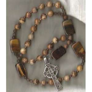   Rosary of Picture Jasper, Tiger Eye & Celtic Cross 
