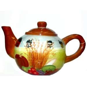 Painted Ceramic Autumn Farm Scene Globe Tea Pot   32 oz Teapot:  