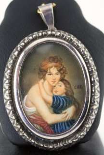   Sterling Hand Painted Portrait Pendant Signed CATI Woman Child Italy