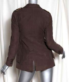 GUCCI Brown Military Velveteen Leather Belted Jacket Coat+Crested 