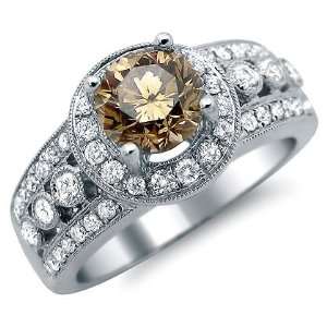   83ct Fancy Brown Round Diamond Engagement Ring 18k White Gold Jewelry
