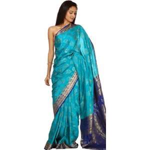  Turquoise and Navy Blue Mysore Silk Sari with Contrast 