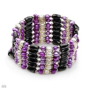 PURPLE & WHITE FRESHWATER PEARL & METAL ADJUSTABLE MAGNETIC BRACELET 