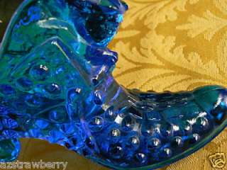 FENTON COBALT BLUE HOBNAIL GLASS SHOE SLIPPER WITH CAT  