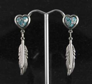 Silver Flake Turquoise Heart and Feathers Earrings Jewelry  