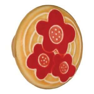 PR4YP   Gold w/Three Red Flowers Large Round Ceramic Knob 