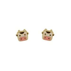   Yellow Gold with Enamel Cow Face Screwback Earrings (7mm) Jewelry
