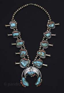   Squash Blossom necklace in oxidized silver with turquoises and corals