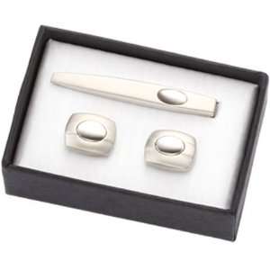  Two Tone Silver Oval Cuff LInks & Tie Bar Set Everything 