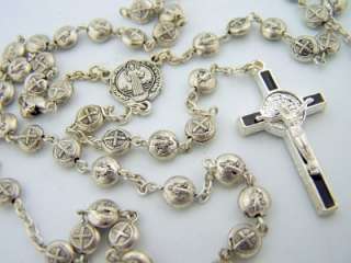 Silver Antiqued Saint St Benedict Medal Rosary & Case Enamel Crucifix 